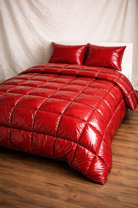 Glossy Burgundy Puffer Duvet Set Quilted Shiny Comforter with Matching Pillows
