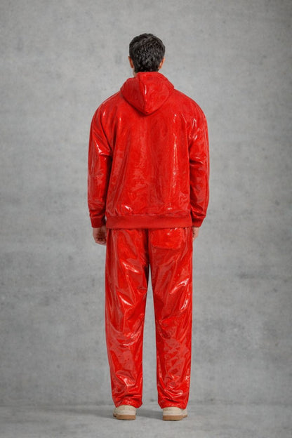 Shiny Red PVC Hooded Tracksuit Wet Look Fashion Outfit