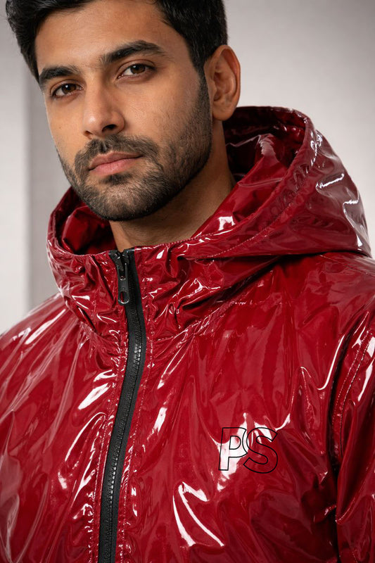 Shiny PVC Nylon Tracksuit Crimson Red Gloss Set