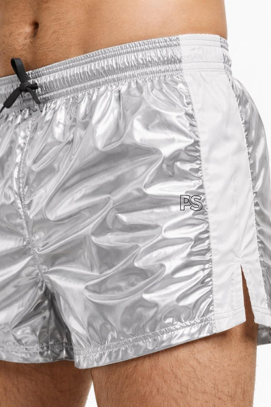 Men’s Metallic Silver Shiny Nylon Shorts