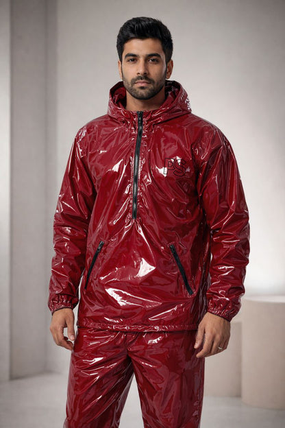 Shiny PVC Nylon Tracksuit Crimson Red Gloss Set