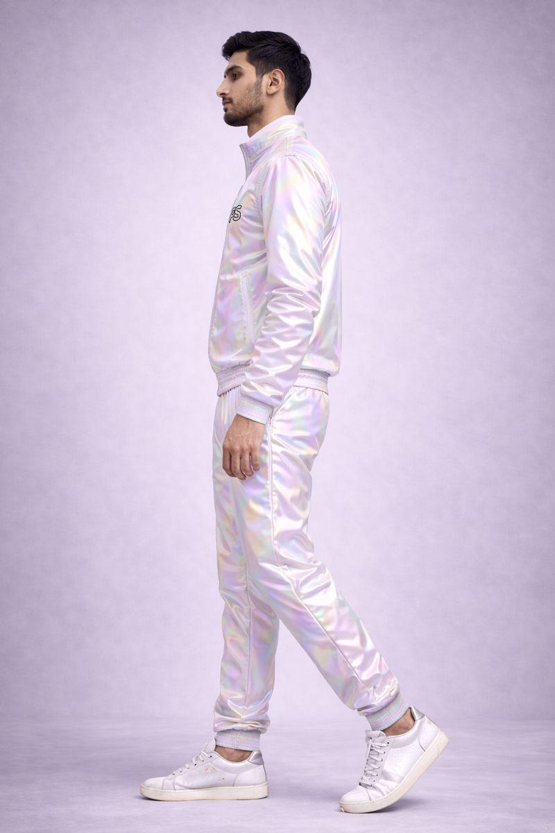 White Multicolor Shiny Nylon Track Suit with Bomber Jacket