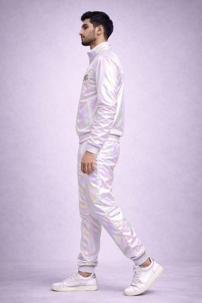 White Multicolor Shiny Nylon Track Suit with Bomber Jacket