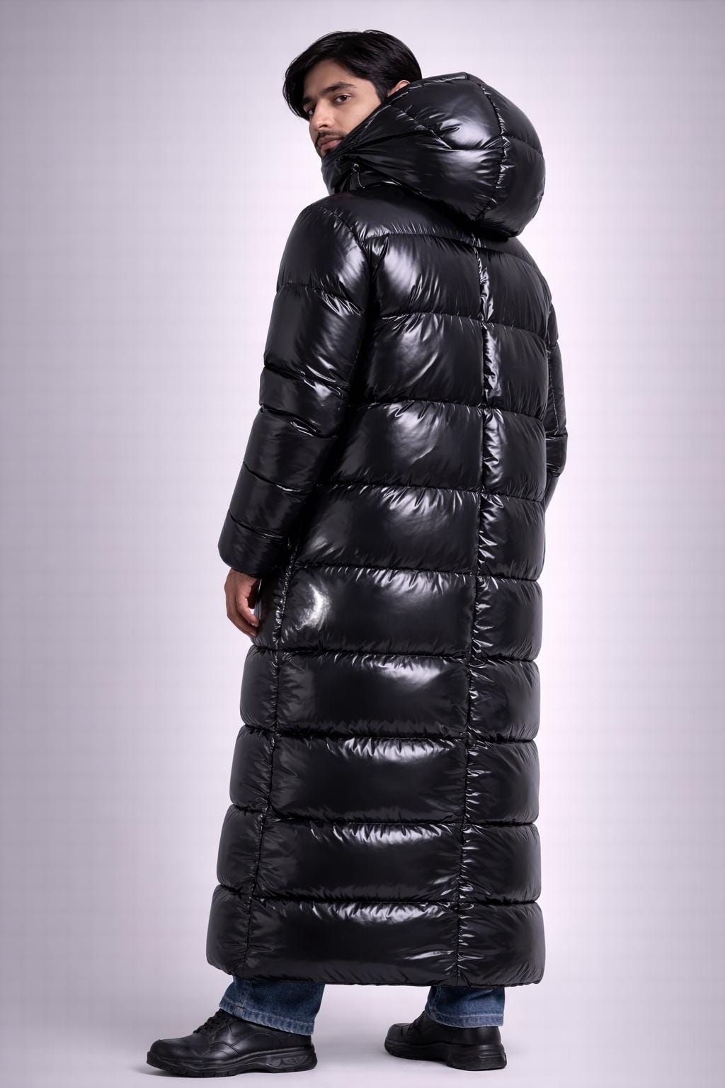Long Black Shiny Puffer Coat Hooded Full Length
