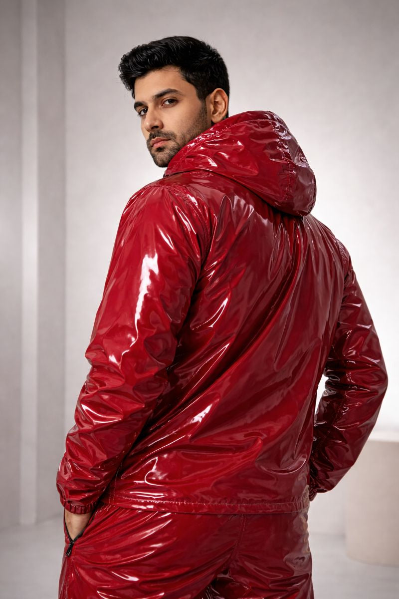 Shiny PVC Nylon Tracksuit Crimson Red Gloss Set