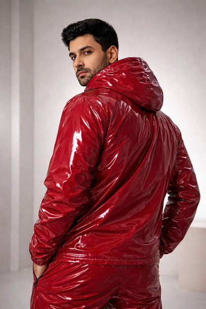 Shiny PVC Nylon Tracksuit Crimson Red Gloss Set