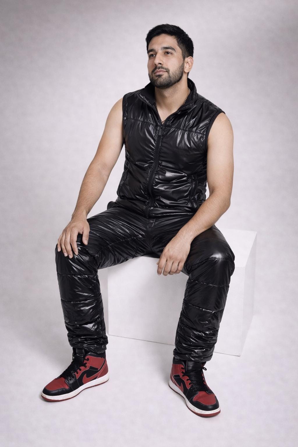 Men’s Black Shiny Puffer Suit Glossy Quilted Nylon Vest & Insulated Pants Set