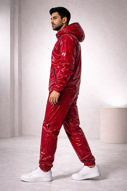 Shiny PVC Nylon Tracksuit Crimson Red Gloss Set