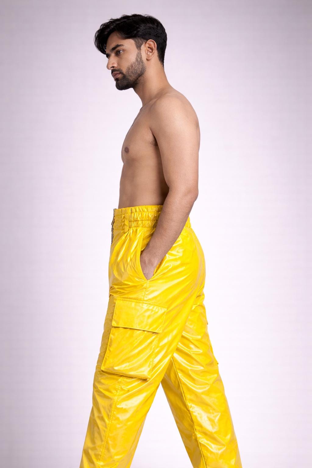 Men’s Bright Yellow Shiny Nylon Cargo Pants High Gloss Streetwear