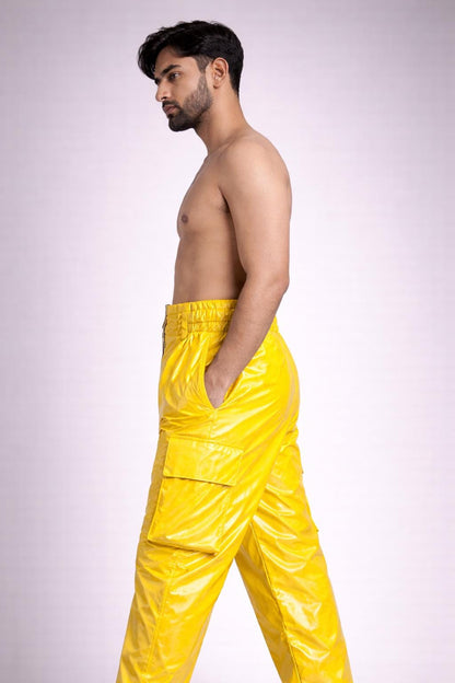 Men’s Bright Yellow Shiny Nylon Cargo Pants High Gloss Streetwear
