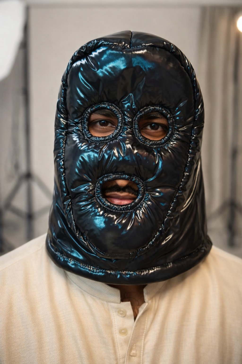 Shiny Black Nylon Puffer Face Mask