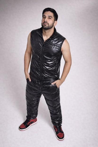 Men’s Black Shiny Puffer Suit Glossy Quilted Nylon Vest & Insulated Pants Set