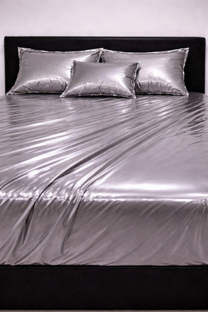 Silver  Shiny Nylon Bed Sheet Set with Gloss Finish
