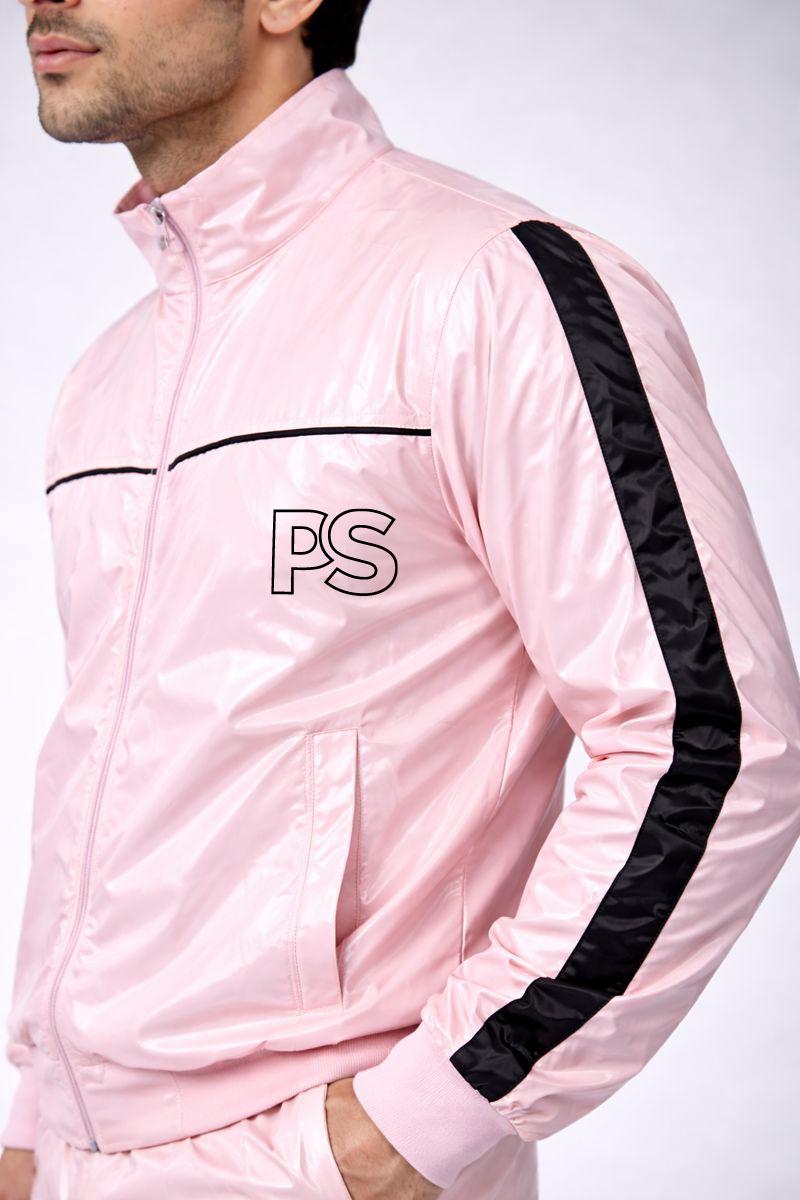 Shiny Nylon Baby Pink Tracksuit with Black Stripes