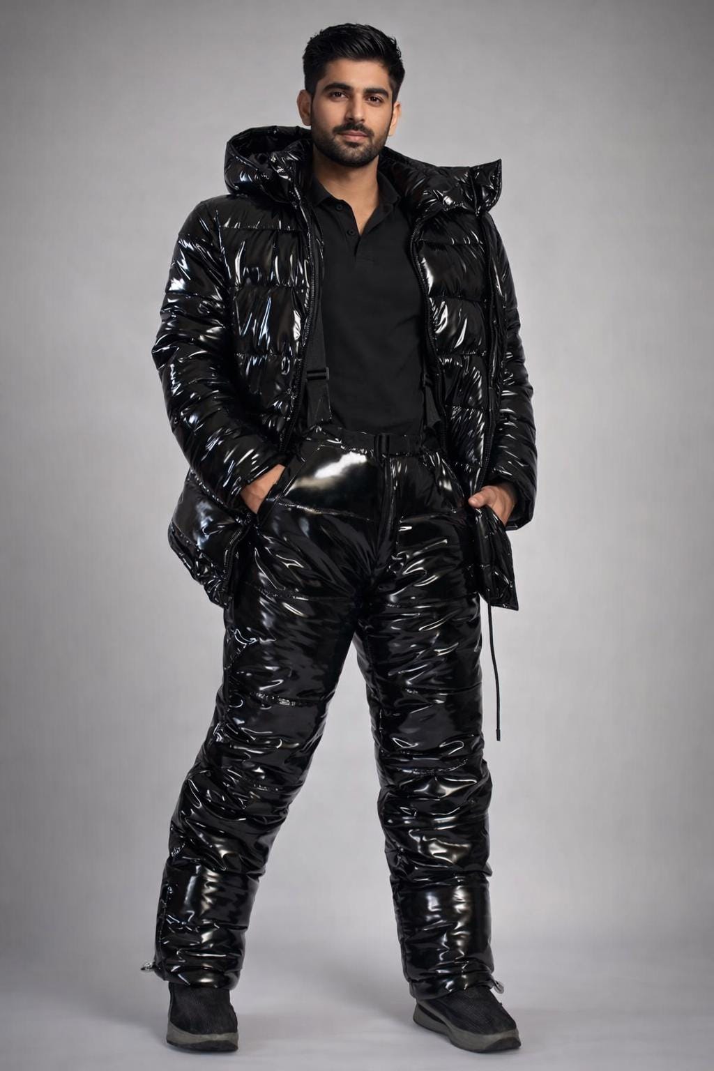 Black Glossy Nylon Puffer Set Hooded Insulated Jacket and Pants