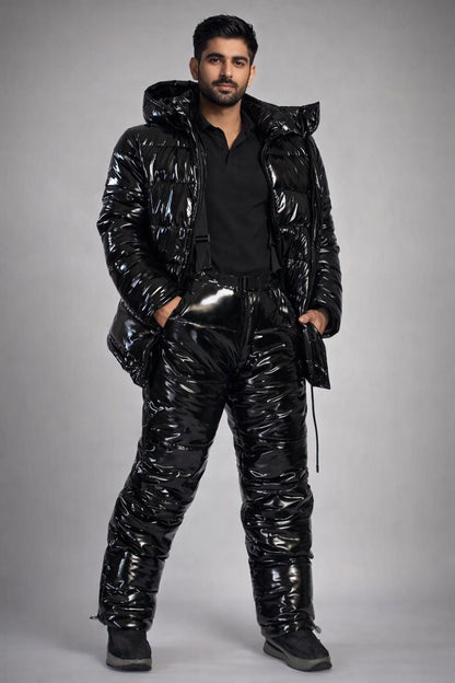 Black Glossy Nylon Puffer Set Hooded Insulated Jacket and Pants