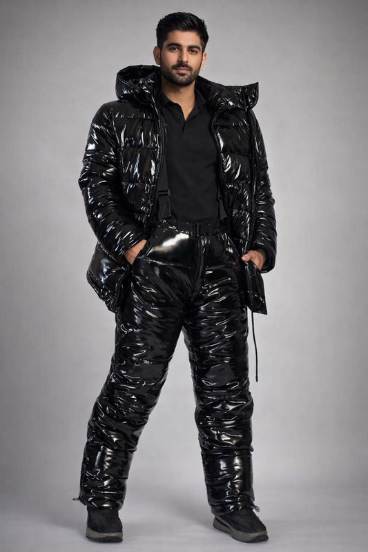 Black Glossy Nylon Puffer Set Hooded Insulated Jacket and Pants