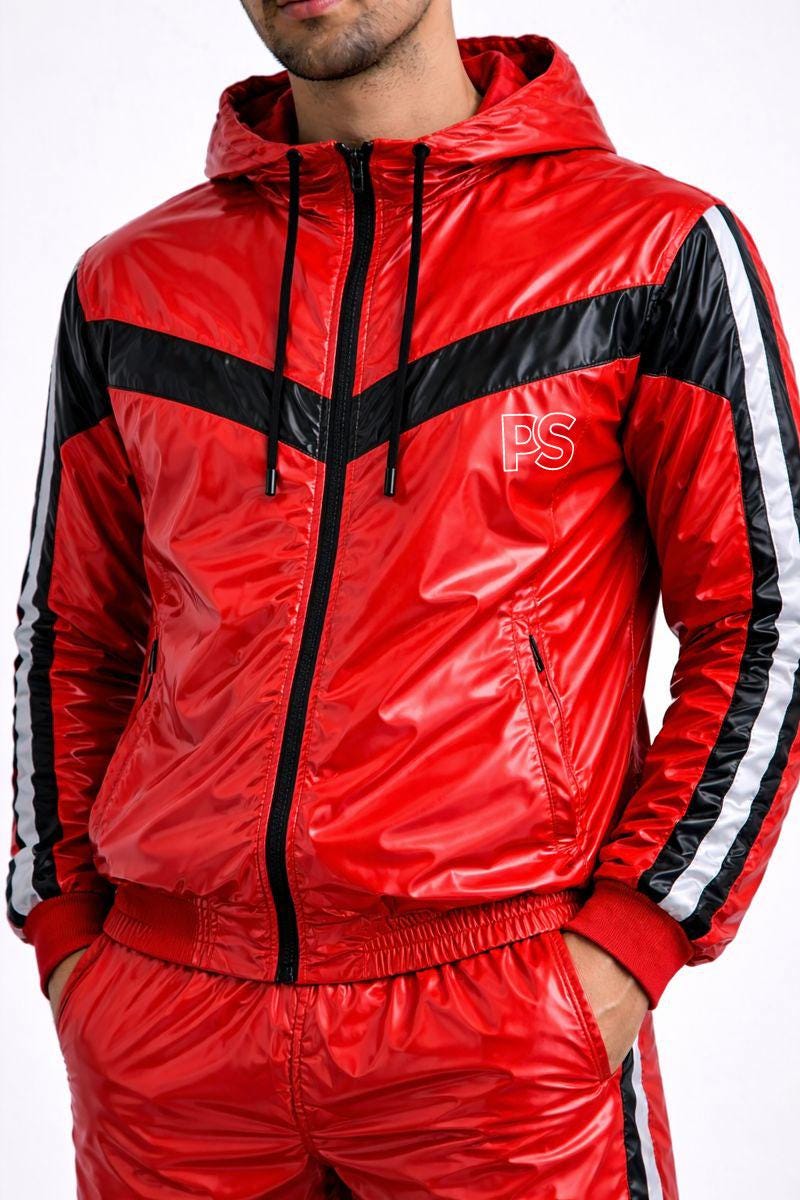 Shiny Nylon Tracksuit Red Gloss Lightweight Set