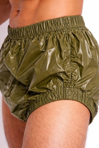 Olive Green High-Waist Gloss Nylon Briefs