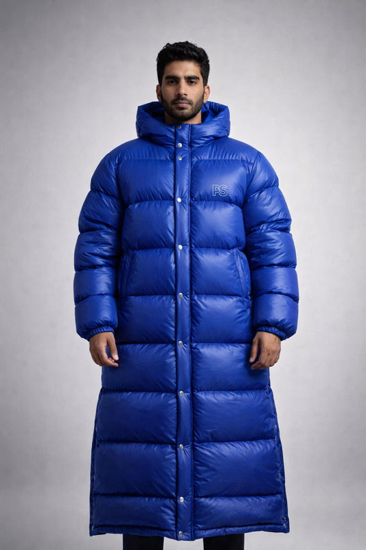 Men’s Royal Blue Long Puffer Coat Shiny Nylon