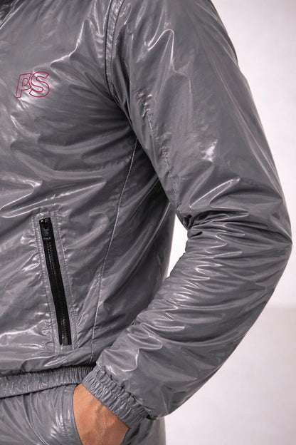 Men’s Shiny Nylon Tracksuit Silver Wet-Look Two-Piece Set