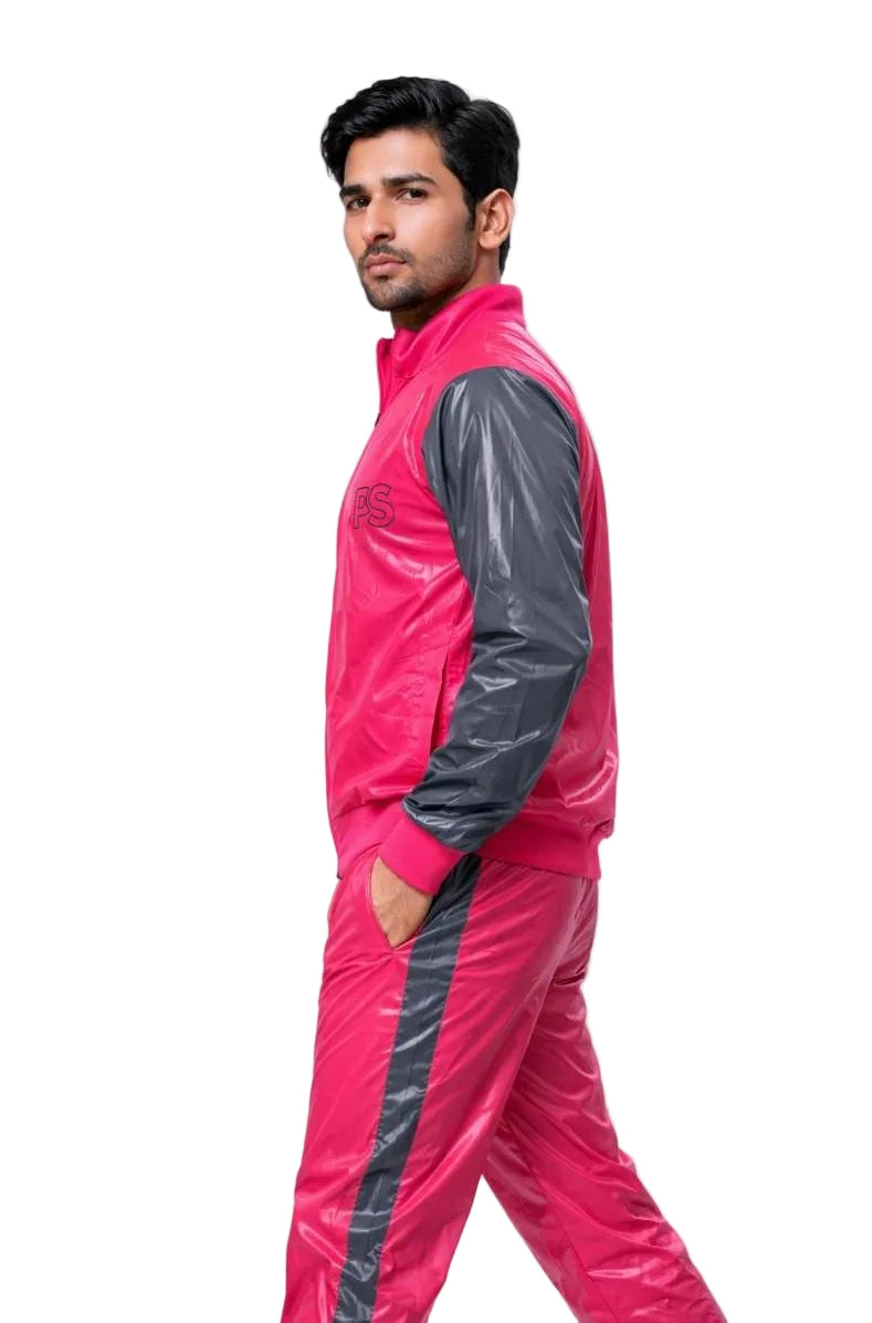 Shiny Nylon Tracksuit  Pink & Gray Gloss Set