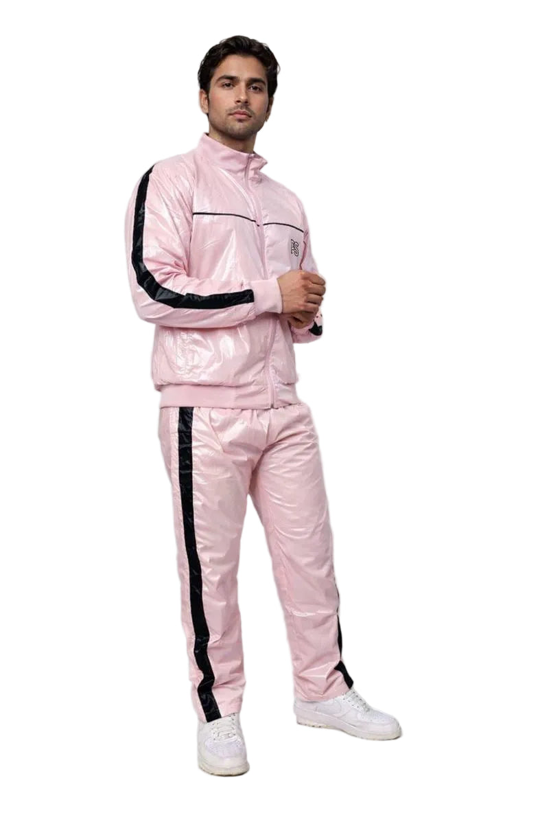 Shiny Nylon Baby Pink Tracksuit with Black Stripes