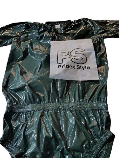 Unisex Drack Green Shiny  Onesie Glossy Hooded Quilted Romper