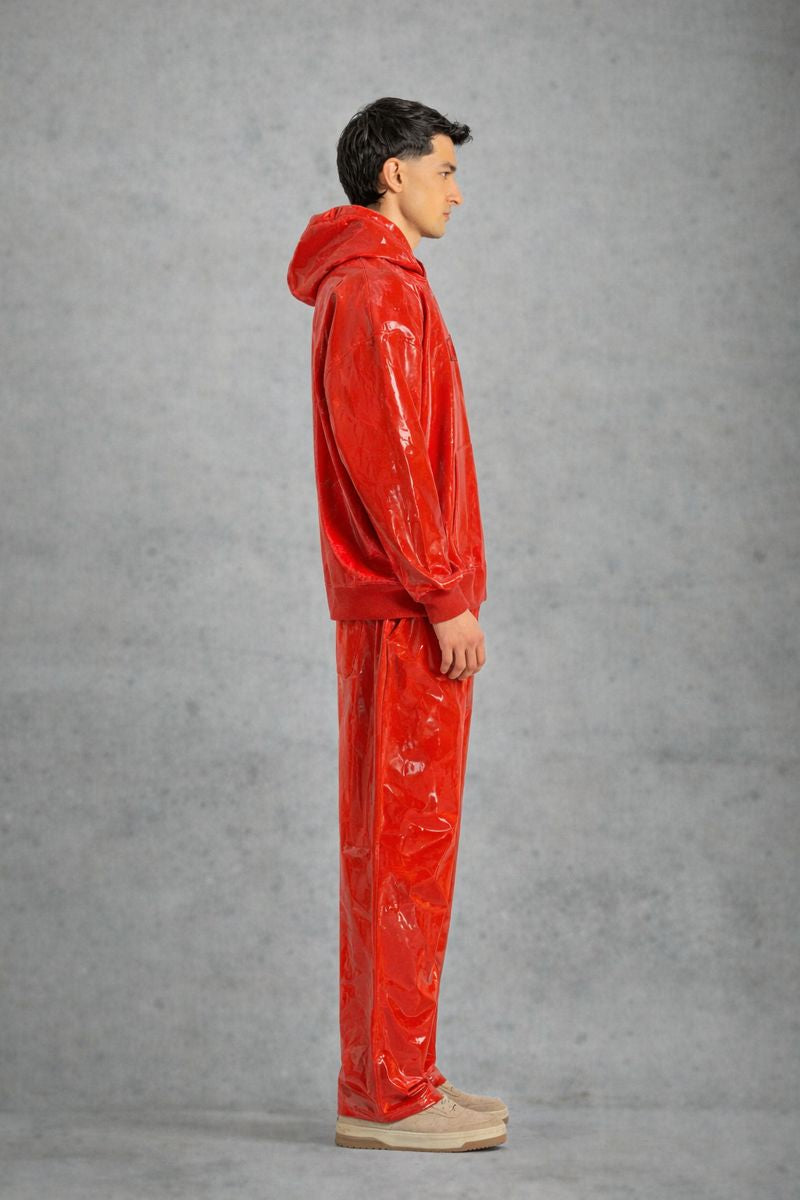 Shiny Red PVC Hooded Tracksuit Wet Look Fashion Outfit
