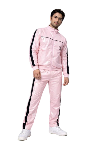 Shiny Nylon Baby Pink Tracksuit with Black Stripes