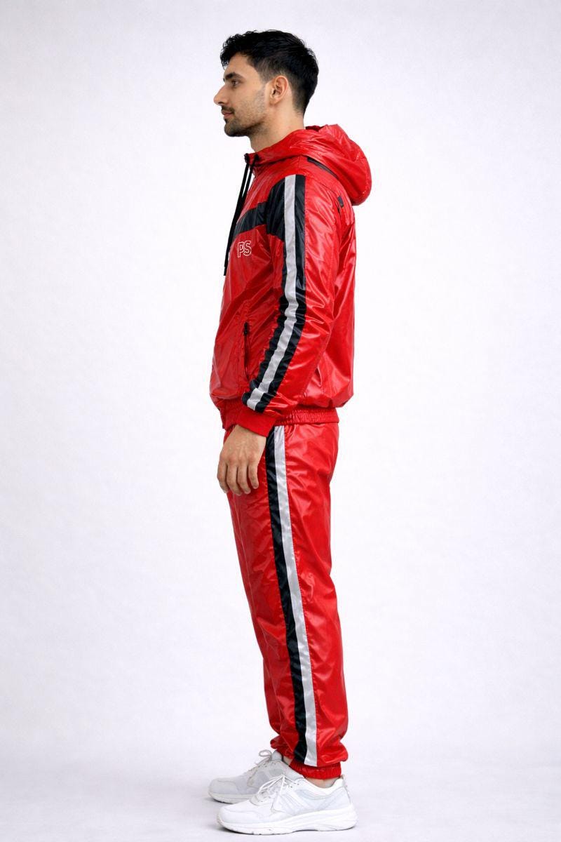 Shiny Nylon Tracksuit Red Gloss Lightweight Set