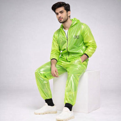 Neon Lime Shiny Nylon Rain Suit Lightweight Gloss Finish