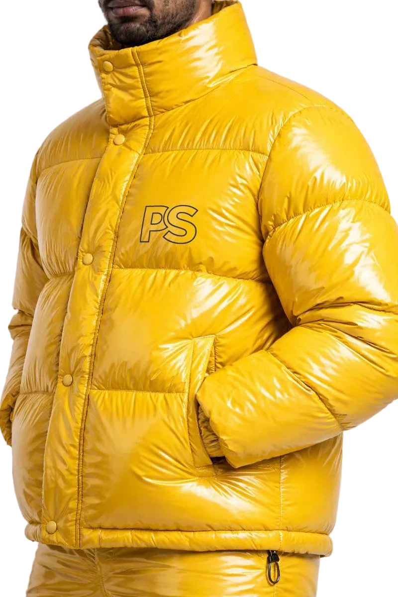 Men Shiny Yellow Puffer Jacket & Pants Set
