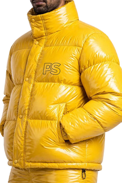 Men Shiny Yellow Puffer Jacket & Pants Set