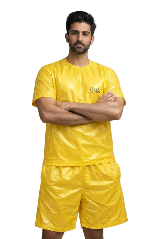 Bright Yellow Shiny Nylon Two-Piece Set