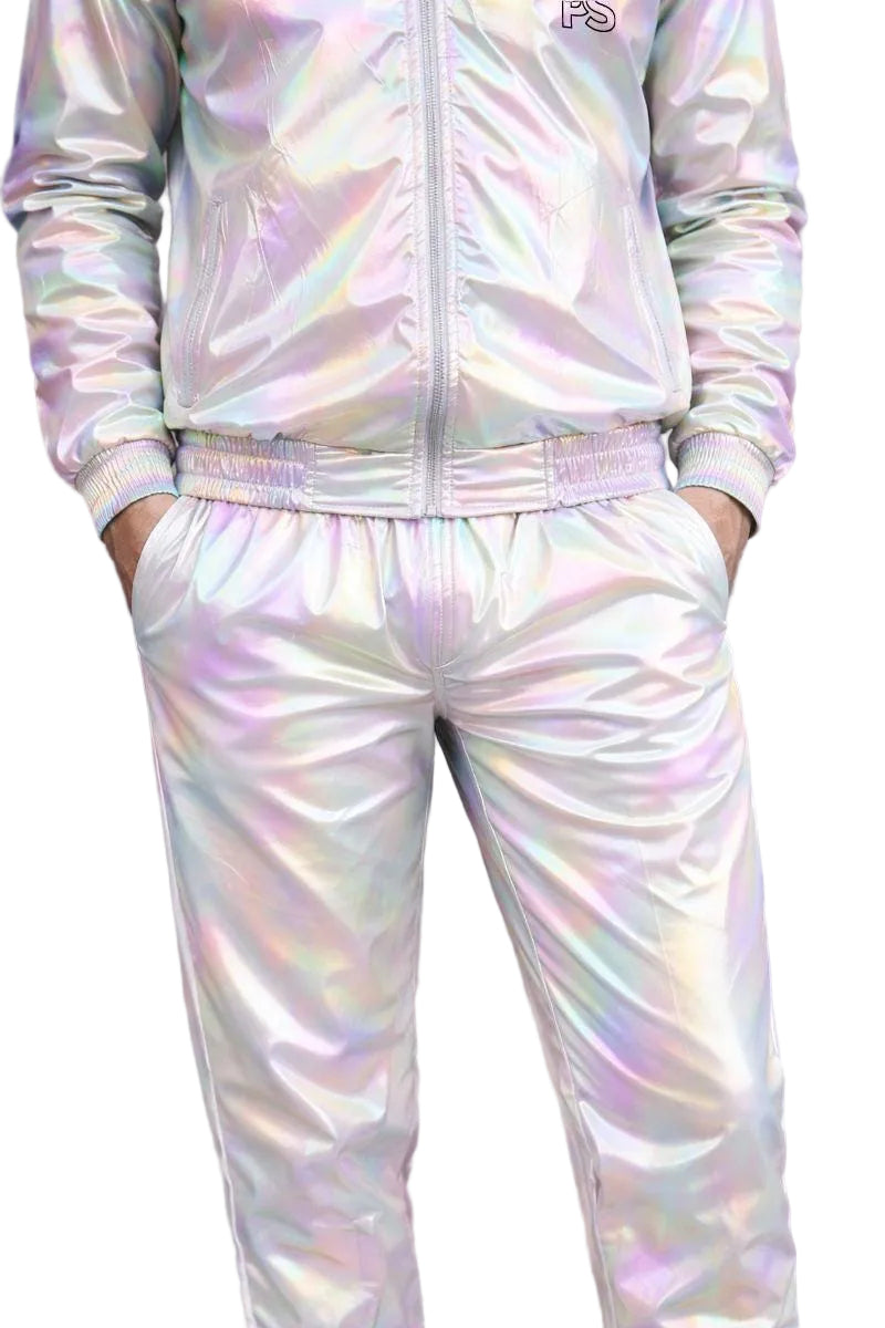 White Multicolor Shiny Nylon Track Suit with Bomber Jacket