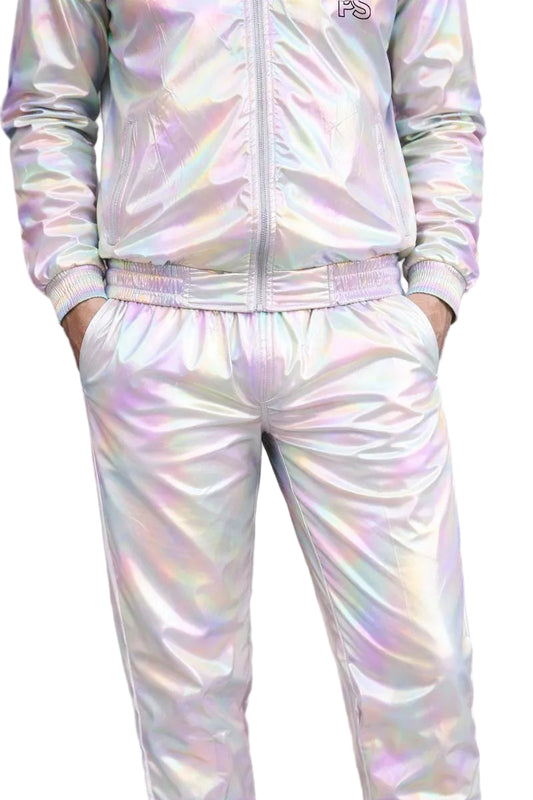 White Multicolor Shiny Nylon Track Suit with Bomber Jacket