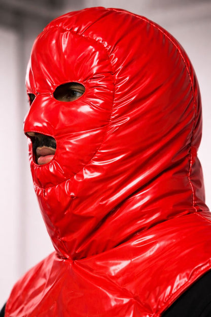 Glossy Red Nylon Full-Face Balaclava with V-Shaped Facemask