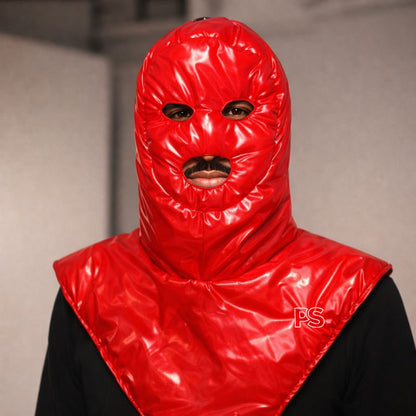 Glossy Red Nylon Full-Face Balaclava with V-Shaped Facemask