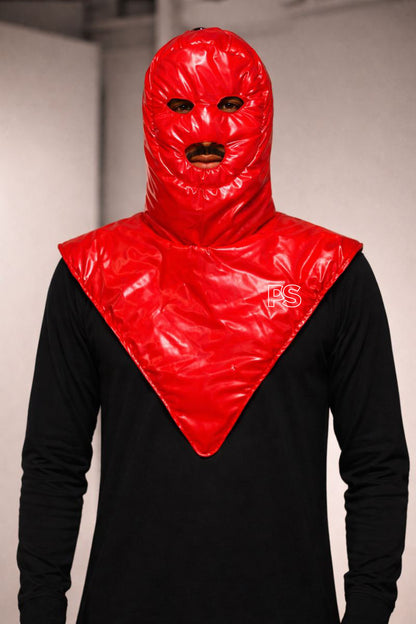 Glossy Red Nylon Full-Face Balaclava with V-Shaped Facemask