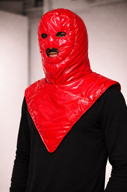 Glossy Red Nylon Full-Face Balaclava with V-Shaped Facemask
