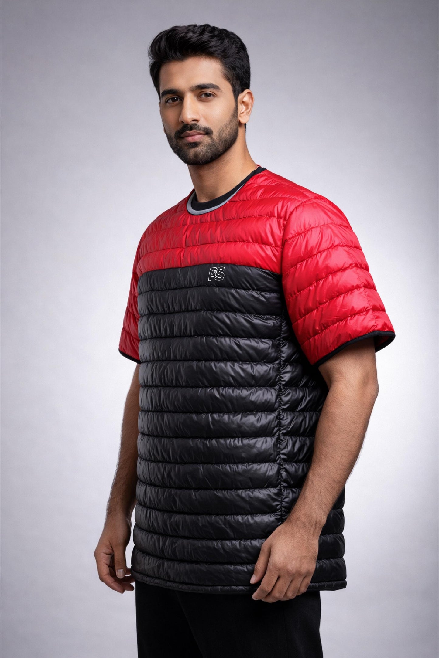 Men’s Red & Black Shiny Nylon Quilted T-Shirt