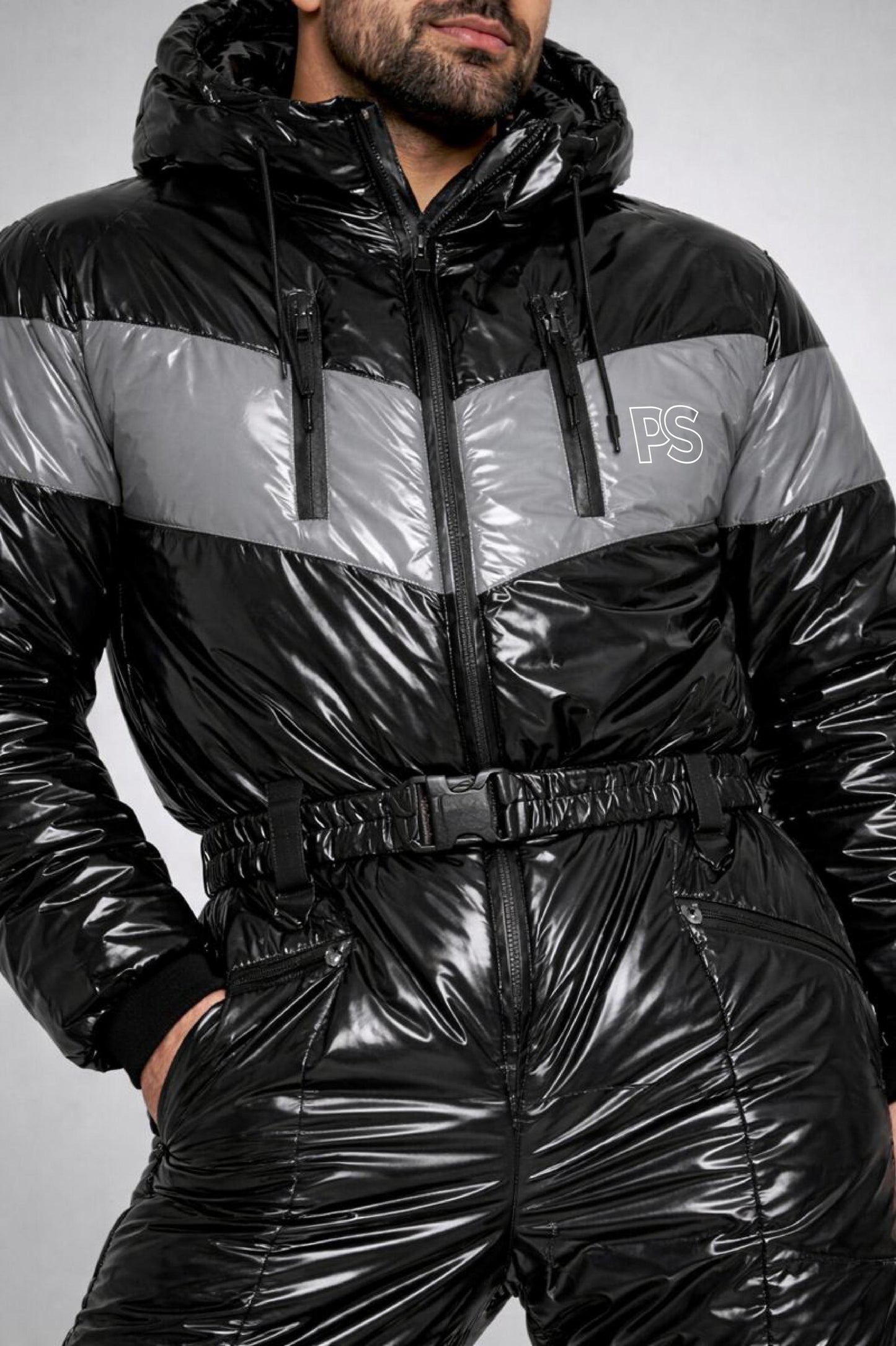 Men’s High Gloss Quilted Black Snowsuit
