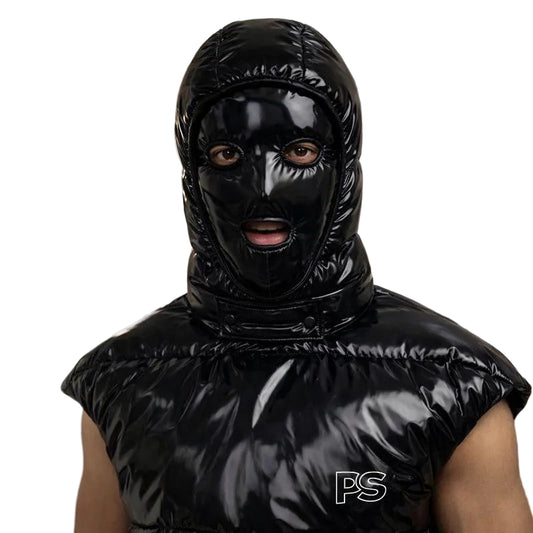 Glossy Black Nylon Hooded Vest with Full Face Mask