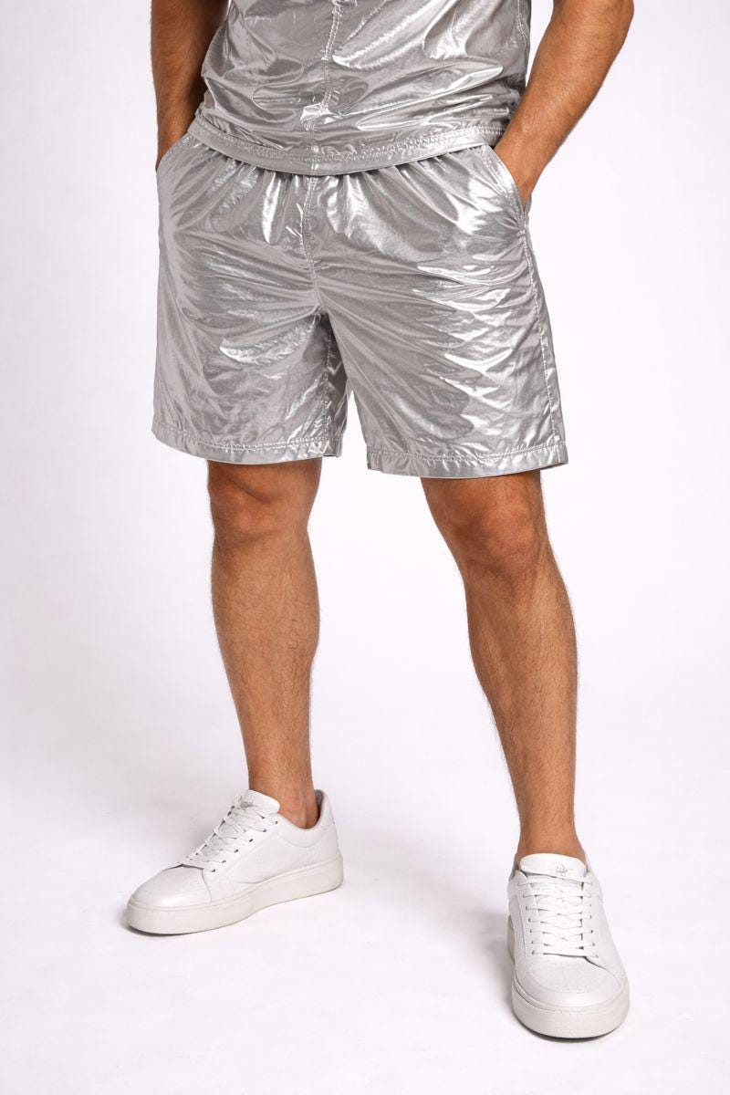 Shiny Silver Nylon Lightweight T-Shirt & Shorts Set