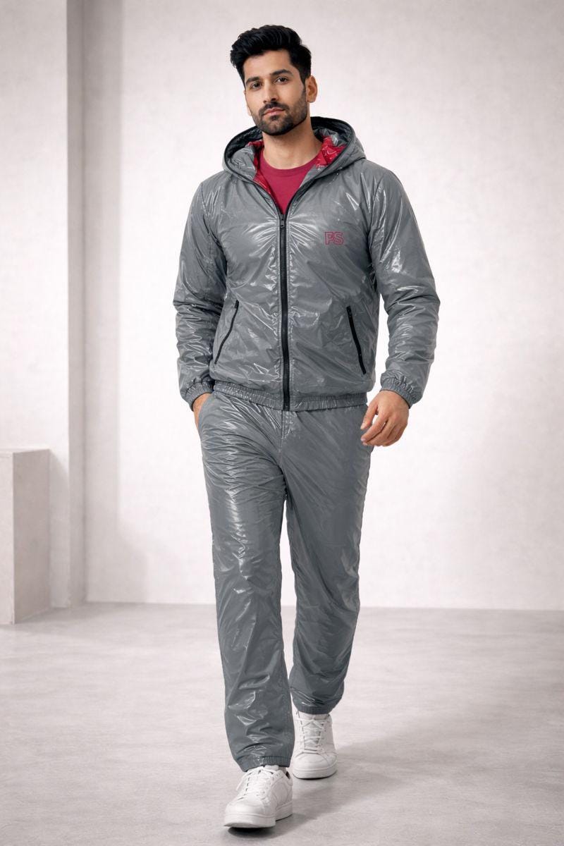 Men’s Shiny Nylon Tracksuit Silver Wet-Look Two-Piece Set