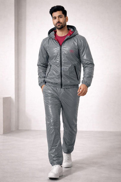 Men’s Shiny Nylon Tracksuit Silver Wet-Look Two-Piece Set