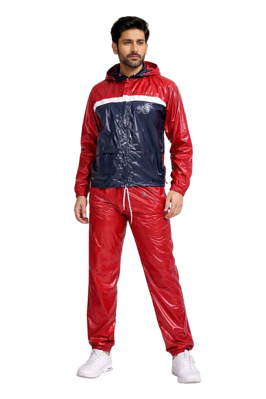 Red Glossy PVC Hooded Tracksuit with Navy & White Chest Panel