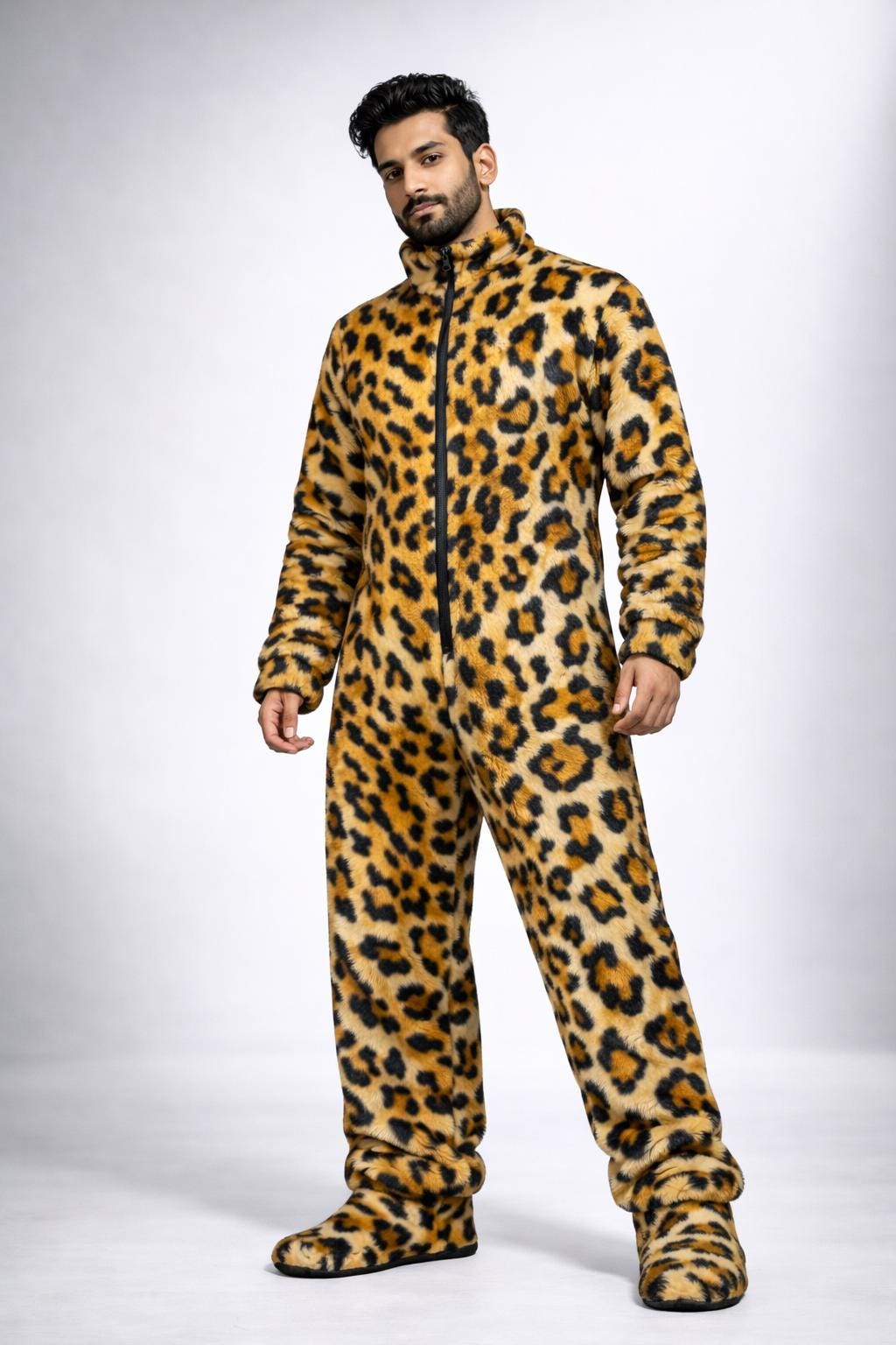 Leopard Print Faux Fur Jumpsuit  Full Body Hooded Plush Onesie