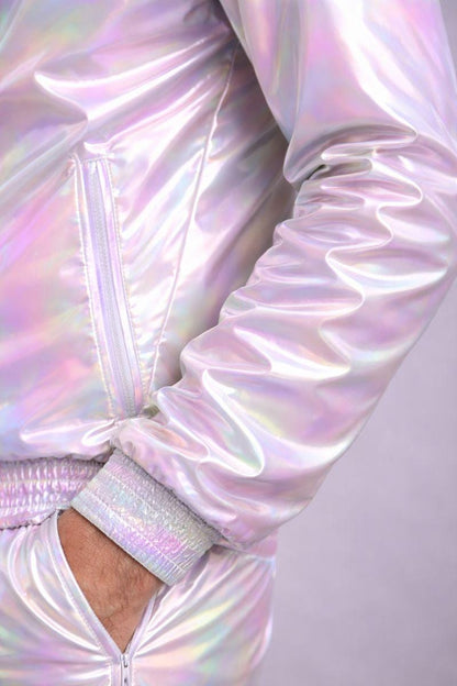 White Multicolor Shiny Nylon Track Suit with Bomber Jacket